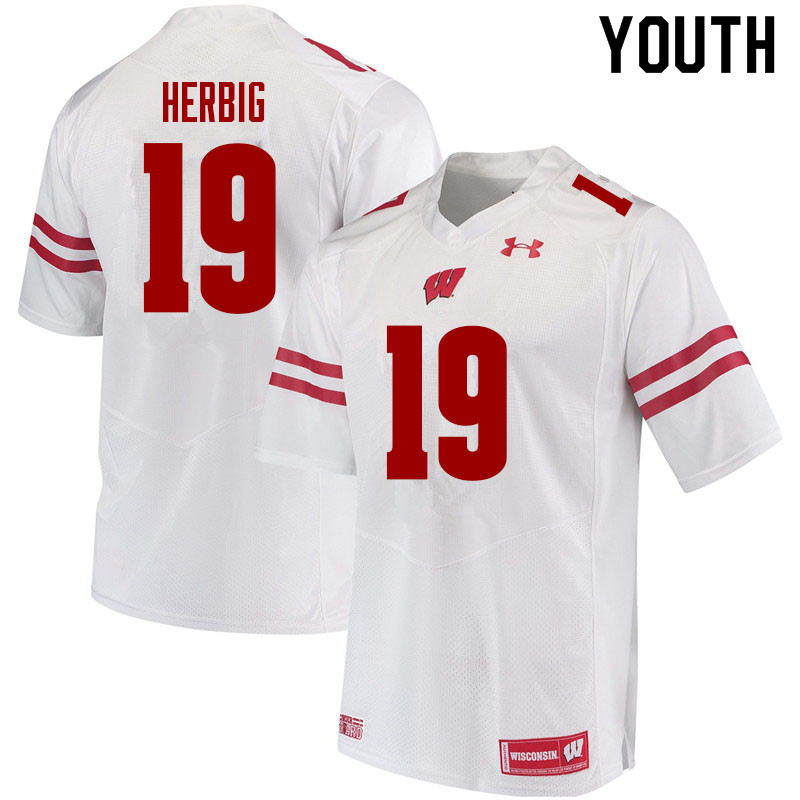 Youth #19 Nick Herbig Wisconsin Badgers College Football Jerseys Sale-White - Click Image to Close